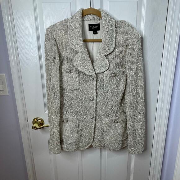 St. John Caviar knit jacket 12 beige cream silver rhinestone buttons - Picture 8 of 10